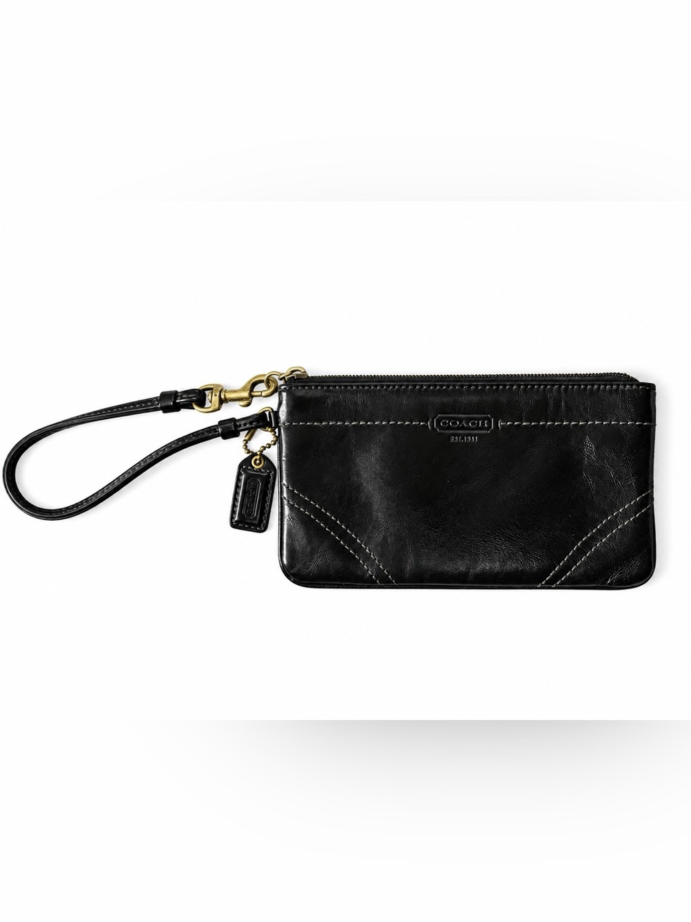 Coach Black Leather Wristlet with Brass Hardware